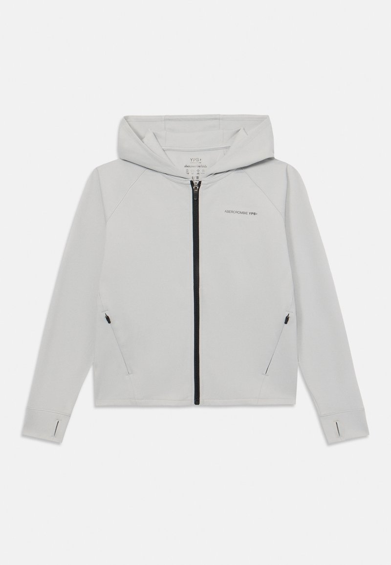 Light gray zip-up hoodie with a hood, featuring raglan sleeves, side pockets, and black zipper detailing. Material appears smooth and lightweight.