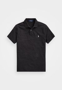 Black short-sleeve polo shirt with two-button placket and small white embroidered logo on the left chest.