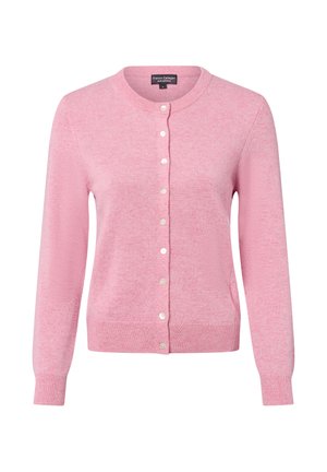 Roze cardigan van zachte breiwijze, met een ronde halslijn, lange mouwen en een knoopsluiting met witte knopen. Licht gestructureerde afwerking.