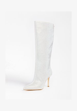 Knee-high stiletto boot in shimmering silver material, featuring a pointed toe and a smooth, textured surface adorned with metallic accents.