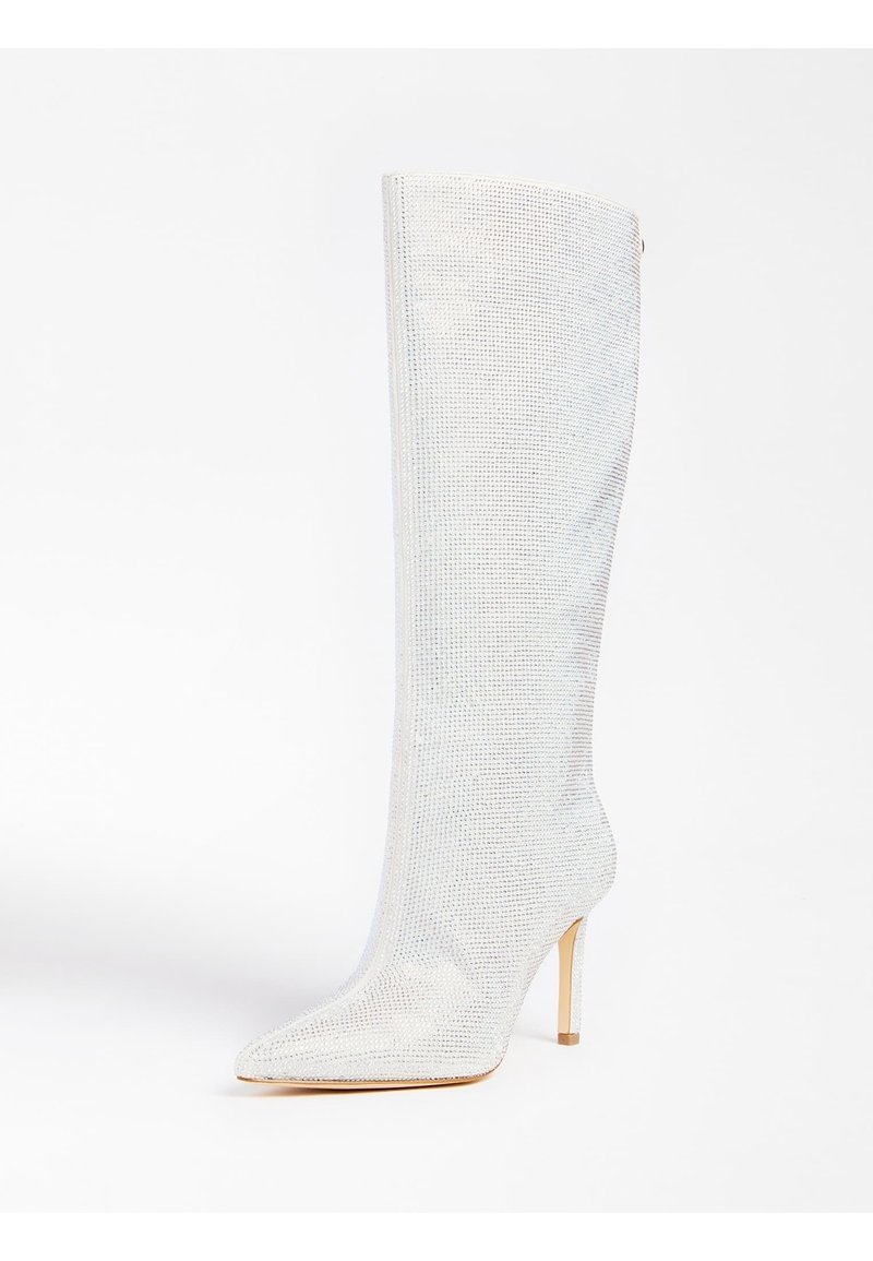 Knee-high stiletto boot in shimmering silver material, featuring a pointed toe and a smooth, textured surface adorned with metallic accents.