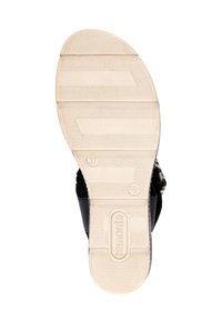 Sandale noire avec une semelle en caoutchouc beige texturée présentant des ridges horizontales. Comprend le nom de la marque "remonte" sur la semelle et une taille marquée comme 37.