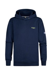 Felpa blu navy con tasca frontale, due bottoni a scatto sul collo e un logo verde sul petto e una toppa sulla manica.