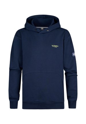 Felpa blu navy con tasca frontale, due bottoni a scatto sul collo e un logo verde sul petto e una toppa sulla manica.