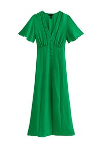 Vestido verde de largo hasta la rodilla con escote en V, mangas cortas con vuelo, cierre de botones en la parte delantera y costuras decorativas en el corpiño y las mangas.