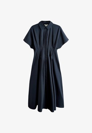Tmavomodré midi šaty s krátkymi rukávmi, golierovým výstrihom, prispôsobeným pásom a prednou záhybovou sukňou.