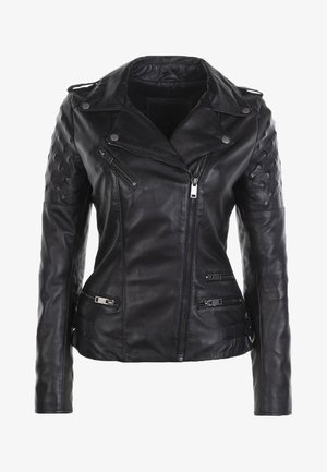 Sort læder bikerjakke med asymmetrisk frontlynlås, lynlåslommer, quiltede ærmer og detaljer med trykknap-krave.