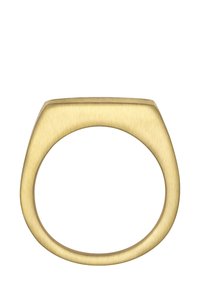 Zelta krāsas gredzens ar gludu, matētu metāla apdari, ar noapaļotu taisnstūra formu un viegli sašaurinātu joslu.