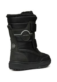Zwarte waterdichte winterlaars met een voering van bont aan de bovenkant, twee verstelbare klittenbandstraps en een gestructureerde rubberen zool met ribbels voor grip.