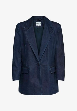 Blazer de mezclilla oscura con cierre de un solo botón, solapas con muesca y dos bolsillos delanteros. Textura suave con diseño ajustado.