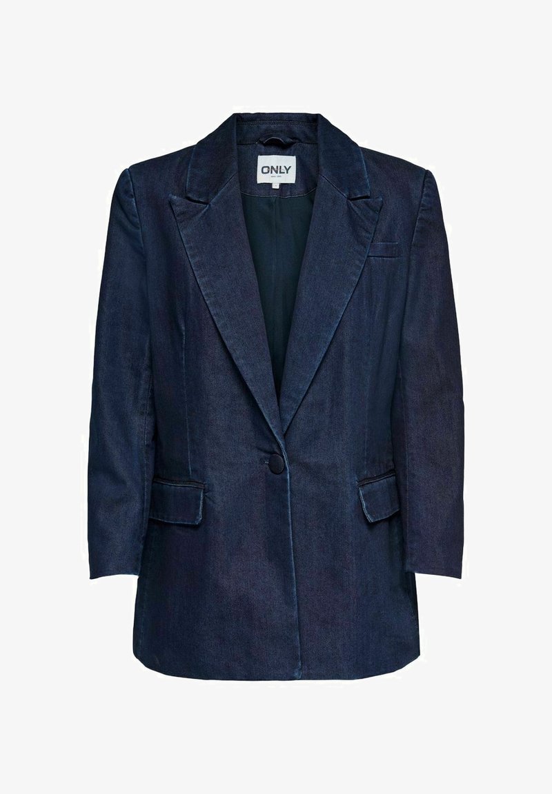 Blazer en denim foncé avec fermeture à un bouton, revers crantés et deux poches avant. Texture lisse avec une coupe ajustée.