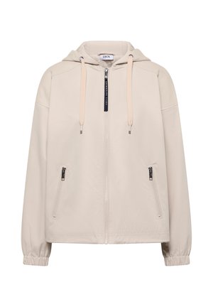 Jasno beżowa kurtka z kapturem zapinana na zamek, z troczkami do ściągania, dwoma kieszeniami bocznymi na zamek oraz elastycznymi mankietami.