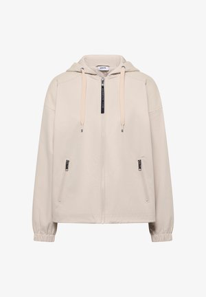 Hellbeige Kapuzenjacke mit Reißverschluss, Kordelzug, zwei seitlichen Reißverschlusstaschen und elastischen Bündchen.