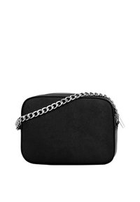 Schwarze, rechteckige Tasche mit strukturierter Oberfläche, silberner Kettenriemen und Reißverschluss. Verfügt über glatte Kanten und ein minimalistisches Design.