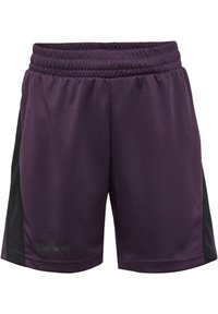 Paarse sportshorts van een gestructureerde stof, met een zwarte zijpaneel en een elastische tailleband. Het merklogo bevindt zich op de onderzijde van de voorkant.