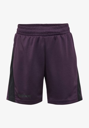 Lila Sportshorts aus strukturiertem Stoff, mit einem schwarzen Seitenpanel und einem elastischen Bund. Das Markenlogo befindet sich an der unteren Vorderseite.