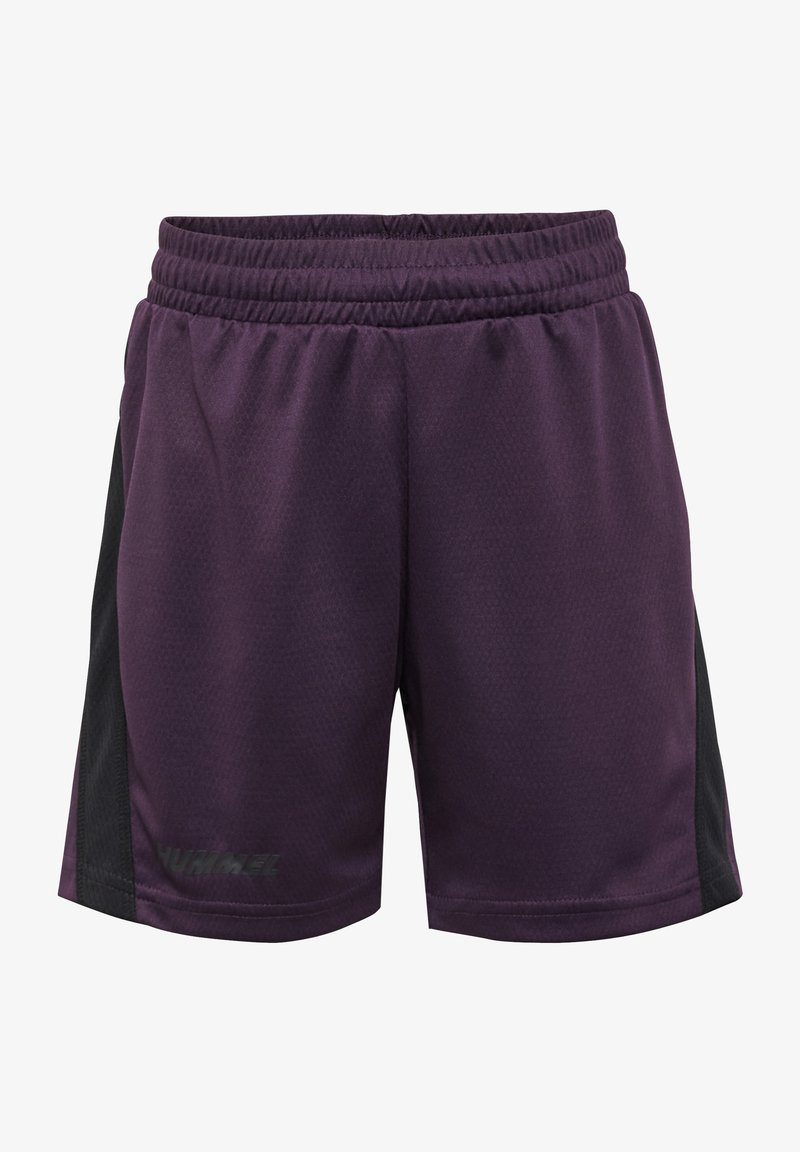 Paarse sportshorts van een gestructureerde stof, met een zwarte zijpaneel en een elastische tailleband. Het merklogo bevindt zich op de onderzijde van de voorkant.