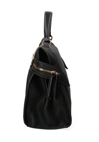 Borsa a tracolla in pelle nera con finitura texturizzata, manico superiore, due cerniere laterali e dettagli in metallo dorato.