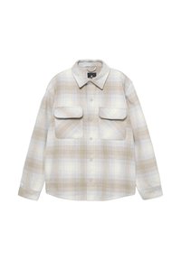 Koszula w kratę w beżowym, jasnoniebieskim i białym kolorze; posiada zapięcie na guziki z przodu, wywinięty kołnierzyk oraz dwie kieszenie na piersi. Miękka tekstura materiału.