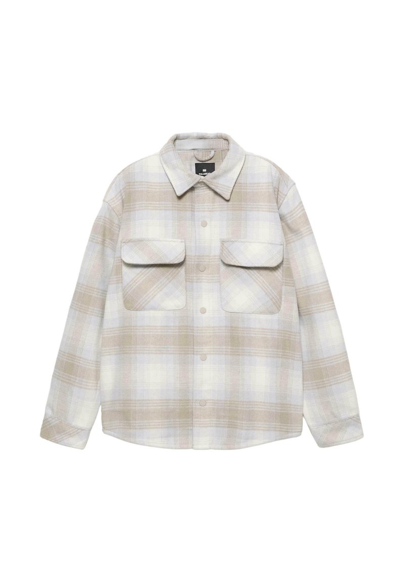 Koszula w kratę w beżowym, jasnoniebieskim i białym kolorze; posiada zapięcie na guziki z przodu, wywinięty kołnierzyk oraz dwie kieszenie na piersi. Miękka tekstura materiału.