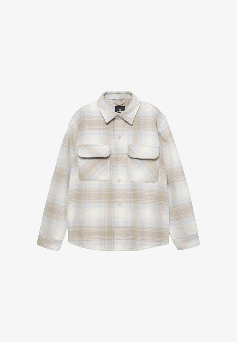 Koszula w kratę w beżowym, jasnoniebieskim i białym kolorze; posiada zapięcie na guziki z przodu, wywinięty kołnierzyk oraz dwie kieszenie na piersi. Miękka tekstura materiału.