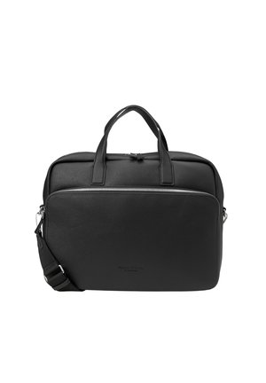 Cartella in pelle nera con doppi manici, tasca frontale con zip e tracolla regolabile.