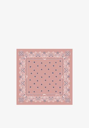 Purple paisley-patterned scarf on a dusty pink background, featuring floral accents and dotted design, with a bordered edge.