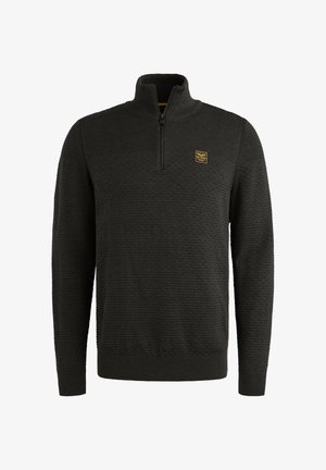 Sweatshirt noir-gris, à encolure pull avec un motif texturé, fermeture éclair à mi-hauteur sur le devant, et un petit patch logo sur la poitrine, fabriqué en tissu doux.