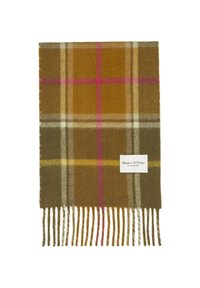 Sciarpa di lana a quadri marrone e giallo senape con accenti rosa e bianchi, caratterizzata da bordi frangiati e un'etichetta bianca del marchio.