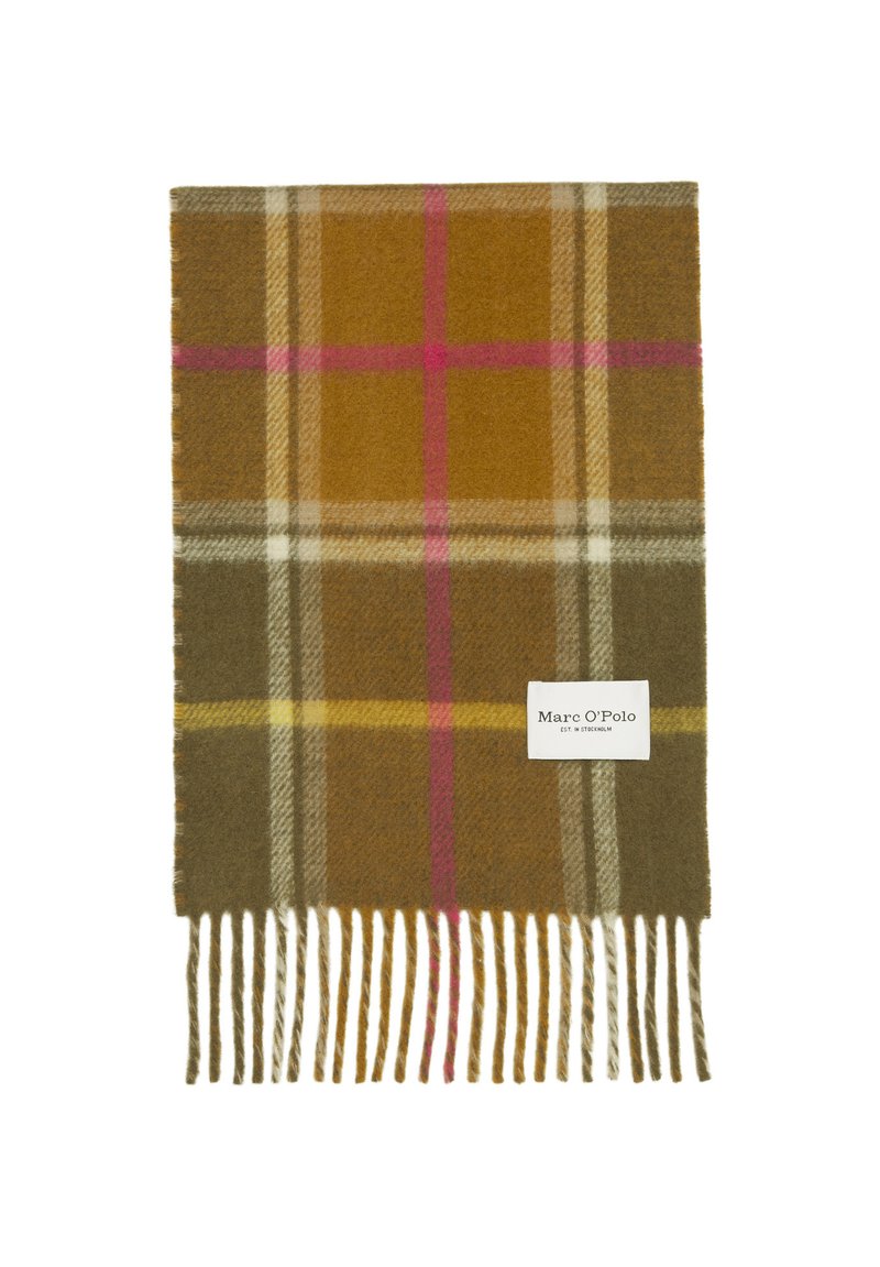 Sciarpa di lana a quadri marrone e giallo senape con accenti rosa e bianchi, caratterizzata da bordi frangiati e un'etichetta bianca del marchio.