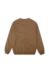 Brauner Pullover mit langen Ärmeln, geripptem Halsausschnitt und Bündchen. Glatte Textur in einfarbigem Design mit abgerundetem Rückenteil.