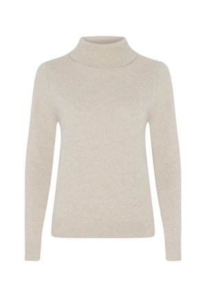 Maglione beige a collo alto con maniche lunghe, realizzato in un tessuto morbido. Presenta un colletto e polsini a costine, una texture liscia e una vestibilità classica.