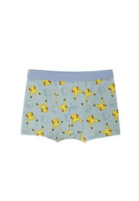 Boxer shorts made of lightweight fabric, featuring a light blue background and repeated yellow Pikachu and Pokéball patterns.