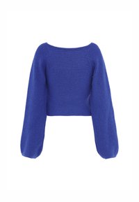 Pulover scurt în albastru aprins, cu textură ribbed, mâneci largi și decolteu la baza gâtului. Țesătură netedă.