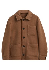 Bruine wollen jas met een lichte textuur, voorzien van een kraag, zwarte knopen en twee opgestikte zakken aan de voorkant.