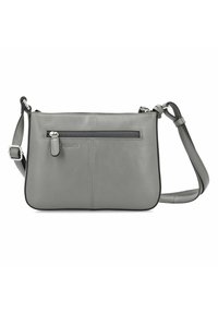 Borsa a tracolla in pelle grigia con una trama liscia, tasca frontale con zip, spallaccio regolabile e dettaglio del logo. Forma rettangolare compatta.