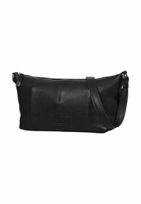 Borsa a spalla in pelle nera con texture granulosa, chiusura con zip, tracolla regolabile e piccola etichetta rettangolare del marchio al centro anteriore.