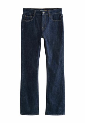 Jeans in denim blu scuro con un design a gamba dritta, dotati di cinque tasche, passanti per cintura e cuciture a contrasto in tutta la loro lunghezza.