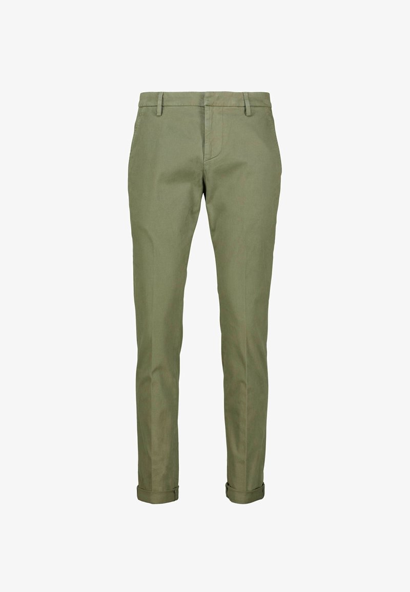 Pantaloni in cotone verde oliva con vestibilità sartoriale, dotati di una parte frontale piatta, passanti per cintura e orli arrotolati per un aspetto raffinato.
