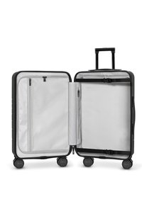 Schwarzer Hartschalenkoffer mit strukturiertem Finish, ausgestattet mit einem Reißverschlussfach und einem Netzfach im Inneren sowie vier glatten Rollen für einfache Mobilität.