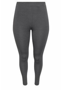 Leggings gris à côtes avec une coupe ajustée, fabriqués dans un matériau stretch. Comprennent une taille élastique et une texture à côtes verticales.