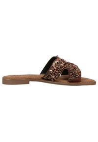 Brown slide sandal with two wide straps, adorned with beads and gemstones. Textured insole and flat rubber sole. Casual design.