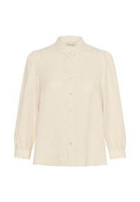 Cremfarbige Bluse mit Knopfverschluss, einem strukturierten Karomuster, hohem Kragen und gerafften Ärmeln, die mit Spitzenkante an den Manschetten und der Knopfleiste verziert ist.