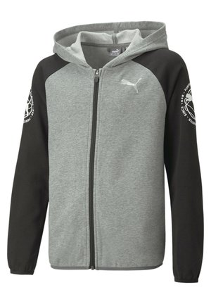 Szara bluza z kapturem zapinana na zamek, z czarnymi rękawami raglanowymi, elastycznymi mankietami, logo Puma na piersi oraz białą okrągłą grafiką na lewym rękawie.