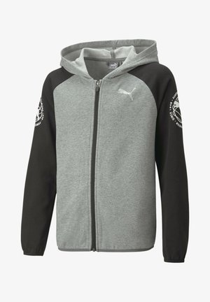 Szara bluza z kapturem zapinana na zamek, z czarnymi rękawami raglanowymi, elastycznymi mankietami, logo Puma na piersi oraz białą okrągłą grafiką na lewym rękawie.