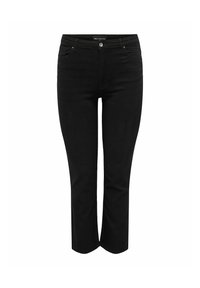 Mustat farkut suoran lahjen leikillä, viiden taskun muotoilu, etupainikekiinnitys ja hillityt kupariset yksityiskohdat.