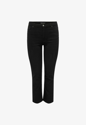 Black denim jeans with a straight-leg cut, featuring five-pocket design, a front button closure, and subtle copper accents.