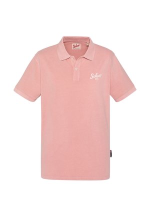 Rosa Poloshirt mit kurzen Ärmeln, Kragen, zwei Knöpfen und weißem "Schott NYC"-Logo auf der linken Brust.
