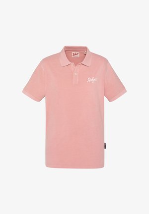 Rosa Poloshirt mit kurzen Ärmeln, Kragen, zwei Knöpfen und weißem "Schott NYC"-Logo auf der linken Brust.