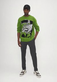 Roheline kampsun koomiksimustriga, millel on hall graafika ja tähed, kombineeritud hallide pükste ning valgete tossudega, millel on hallid aktsendid.